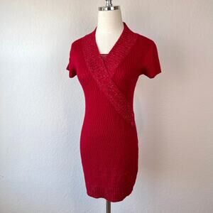 Vintage Y2K Red Knit Bodycon Sweater Mini Dress Short Sleeve Office Siren Medium